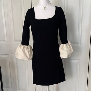 LOFT Black Dress with Cream Puff Sleeves